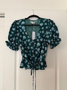 Outerknown Teal Floral Puff-Sleeve Tie-Front Blouse